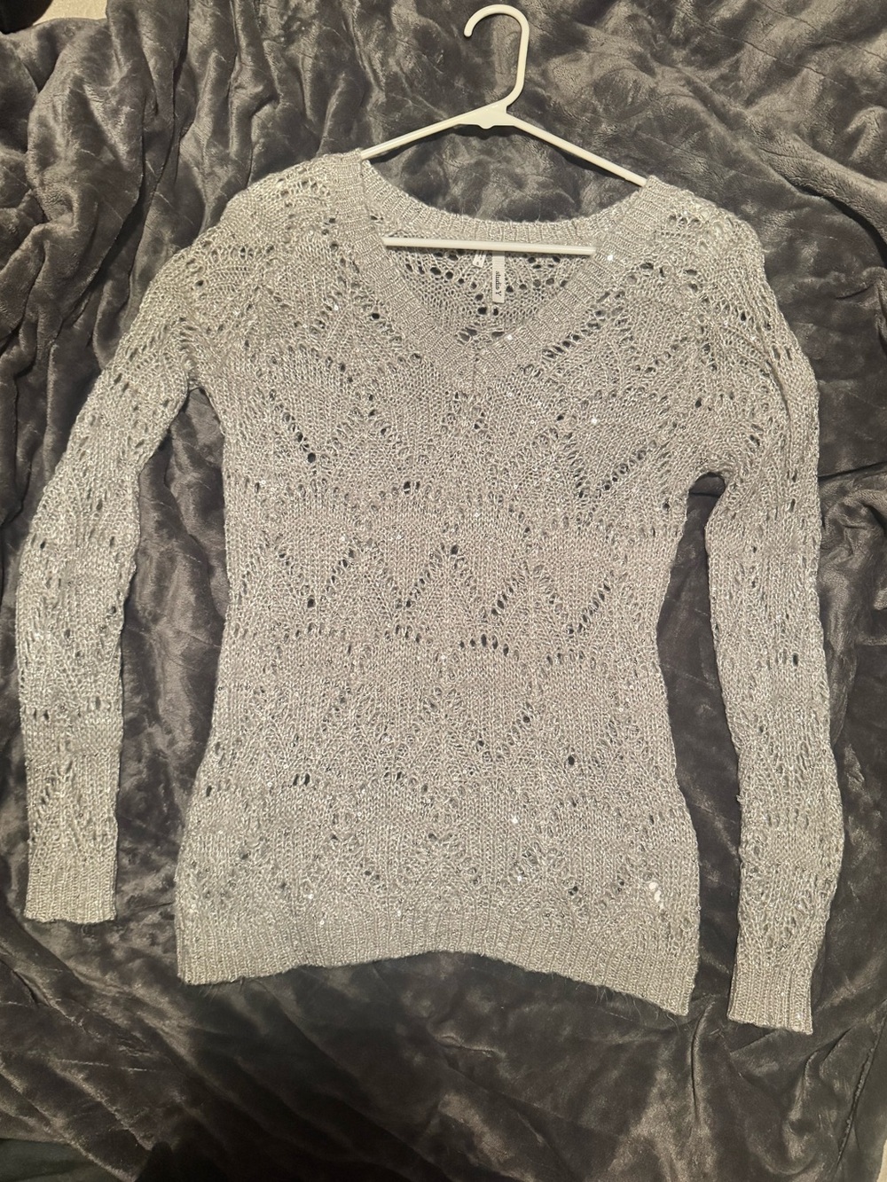 Gray Shimmer V‑Neck Pointelle Knit Sweater - Women